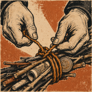 Hands tying a bundle of sticks with a banknote and coin — social capital binding family and resources