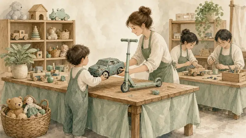 示意插畫：小朋友在玩具交換攤位拿出一架舊遙控車，換取一架滑板車，旁邊義工正在維修二手玩具