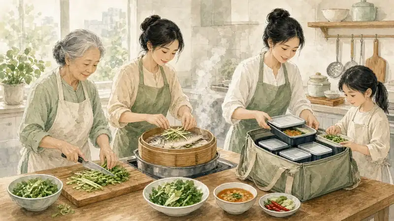 示意插畫：幾位不同年紀的婦女在社區廚房一起切菜、蒸魚，把住家飯餸菜裝盒入外送袋